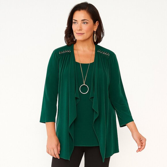 Chico’s Travelers Green Chain Detail Open Front Cardigan Jacket Size 3 XL - Picture 1 of 11
